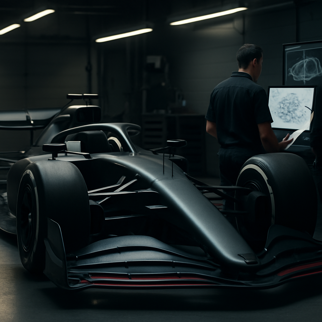 Engineers inspect a 2026 Formula 1 car and technical data in a team garage.