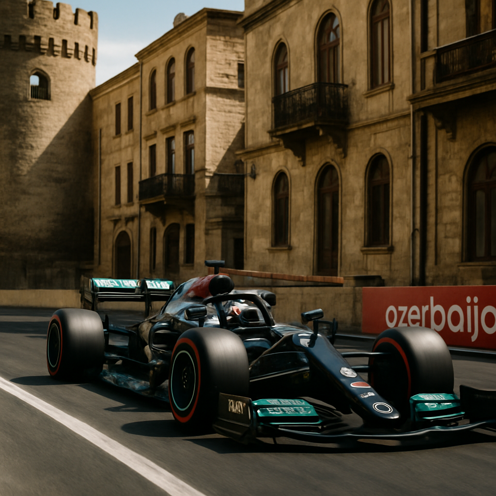 A Formula 1 car speeds through a narrow Baku street circuit, with historic stone