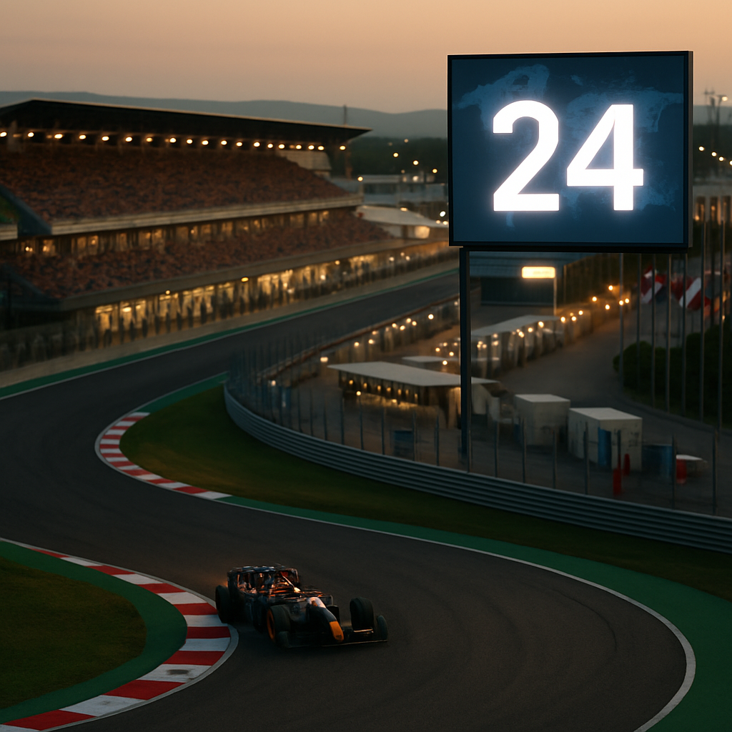 A Formula 1 car races around a circuit at dusk beneath a digital board