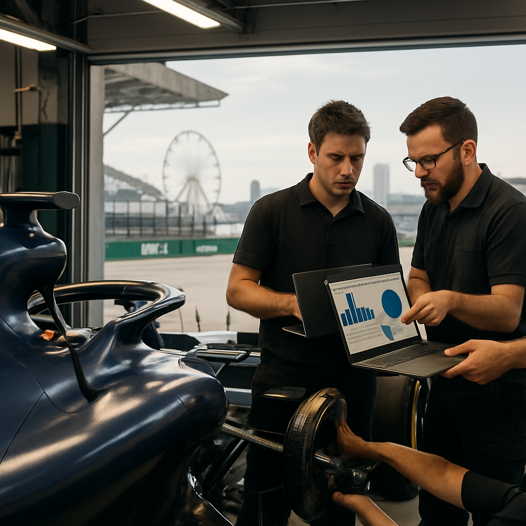 F1 engineers assess a car upgrade in the Baku Grand Prix garage, with budget