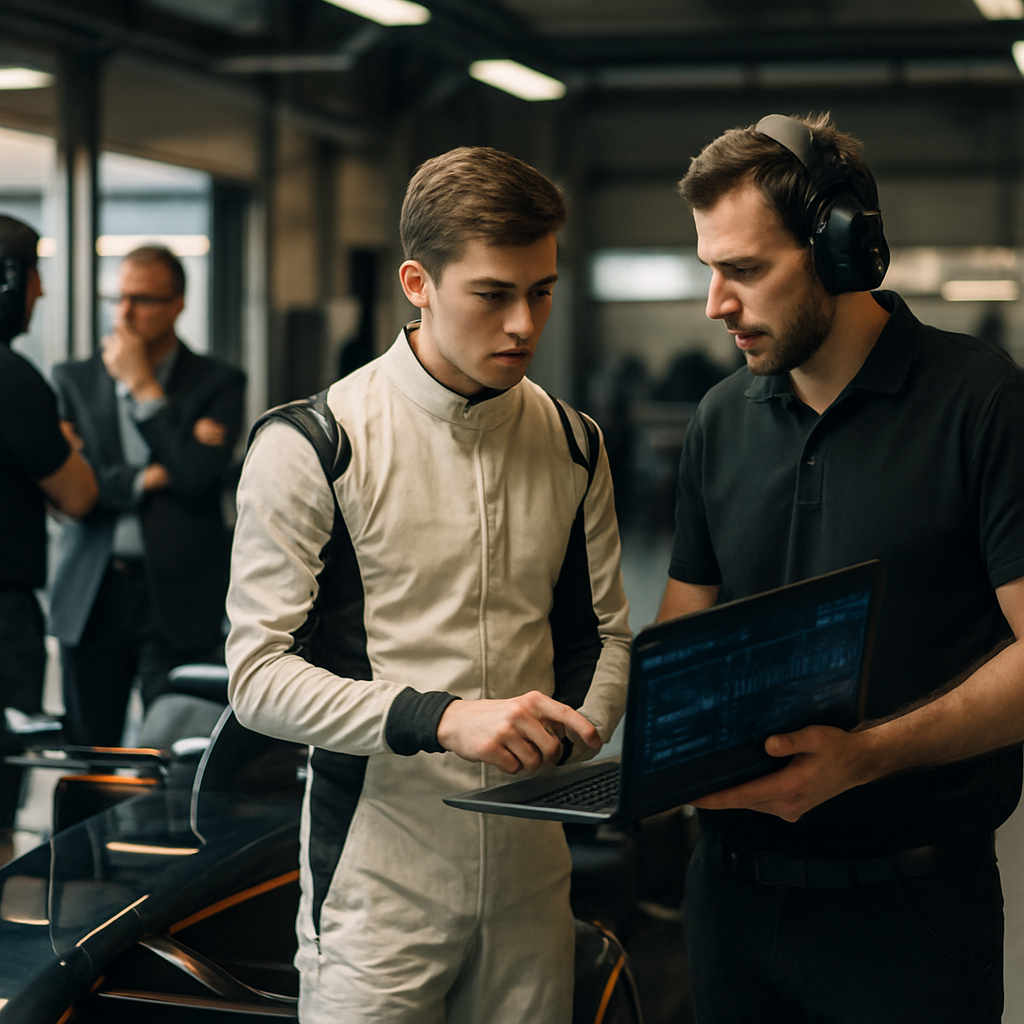 A young Formula 1 driver reviews telemetry with an engineer in the team garage