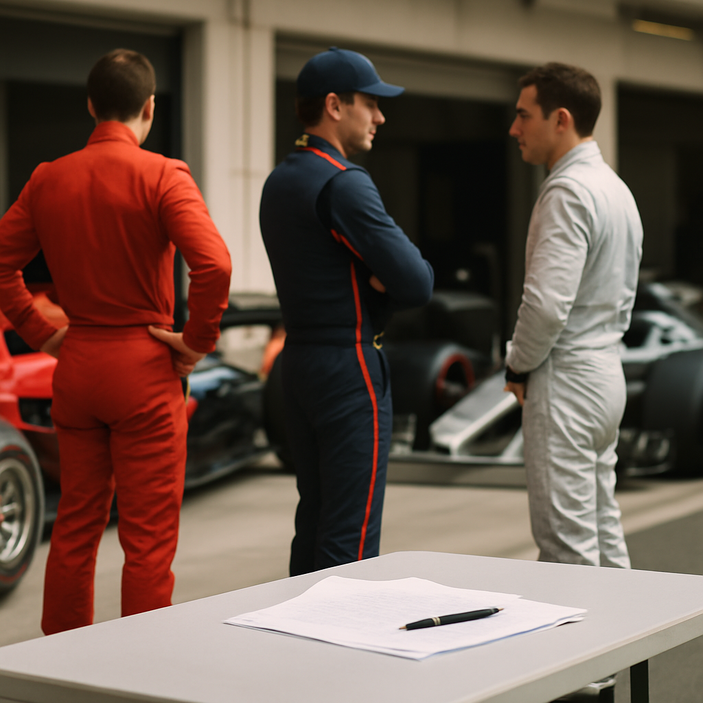 Three Formula 1 drivers in different team colors meet in the paddock as the