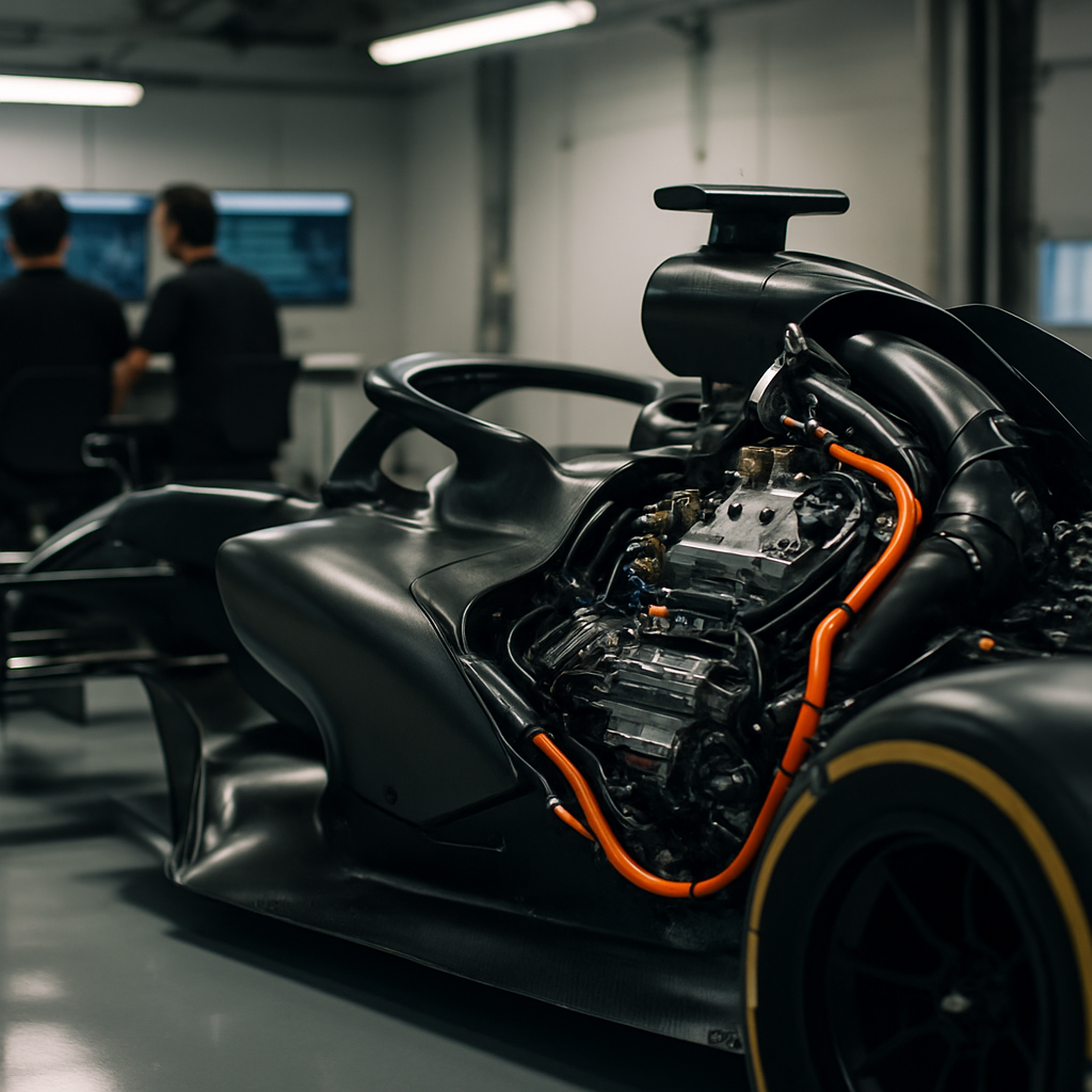 A Formula 1 car’s hybrid power unit on display in a garage as engineers
