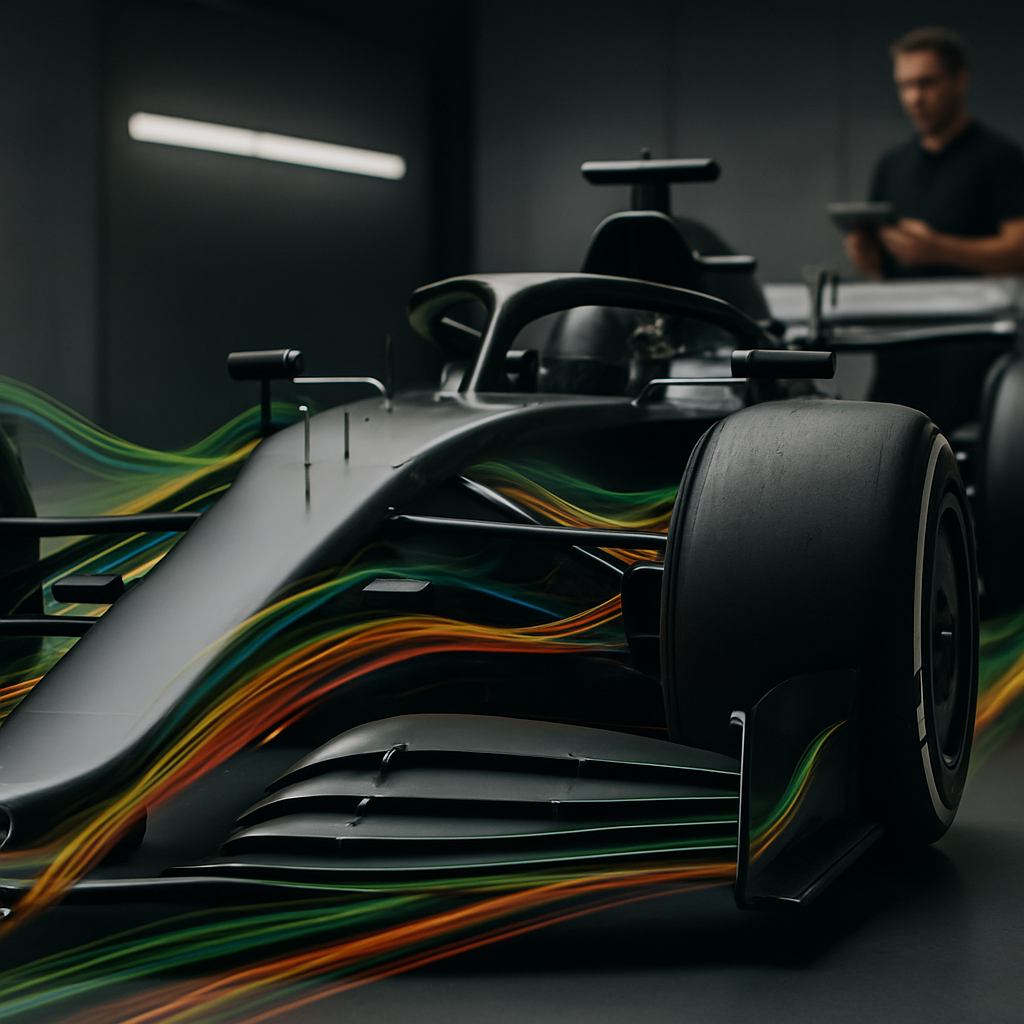 A Formula 1 car in a wind tunnel with airflow ribbons tracing its aerodynamic