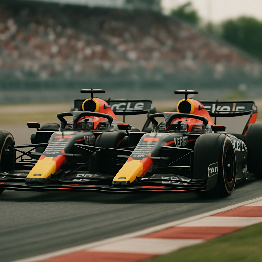 Two matching Formula 1 team cars race side by side through a corner, showing