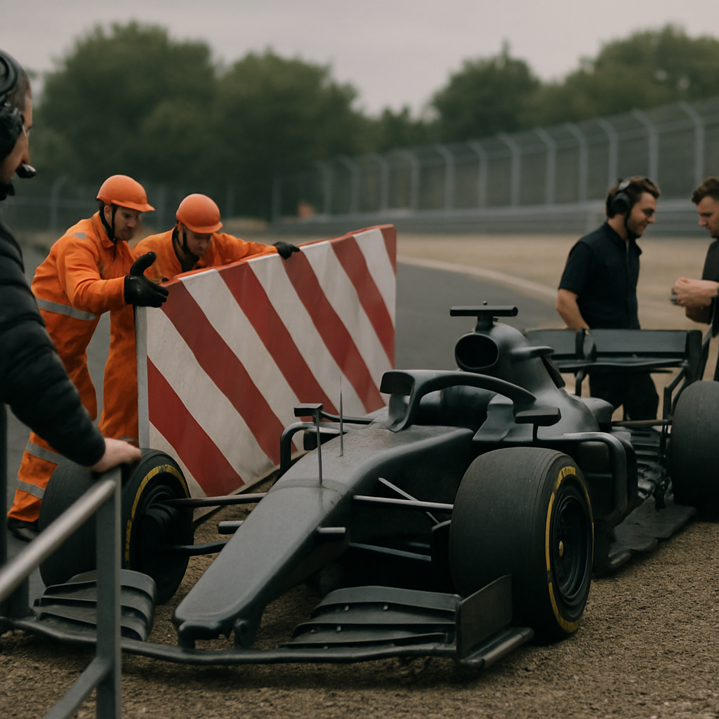 Marshals and team staff respond to a stopped Formula 1 car as race officials