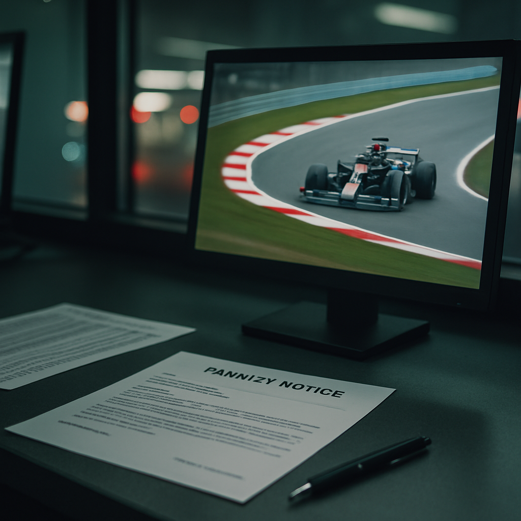 A race steward’s desk with a penalty notice and timing sheets, overlooking a blurred