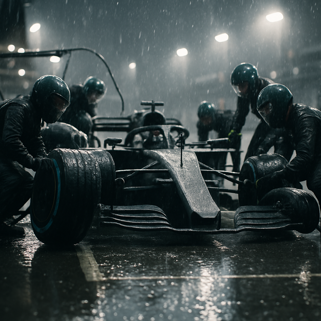In a rainy F1 pit stop, mechanics fit intermediate tires as the team makes