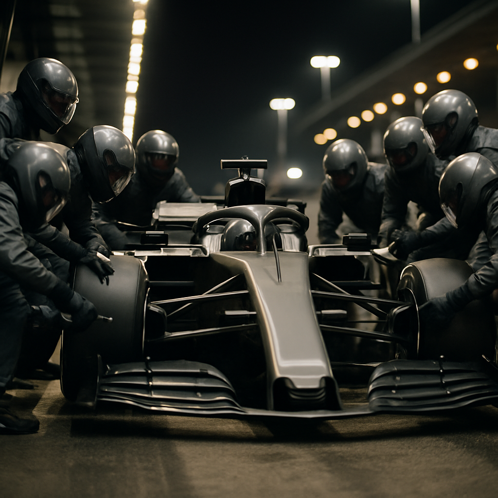 A Formula 1 pit crew works in close coordination to change a car’s tires